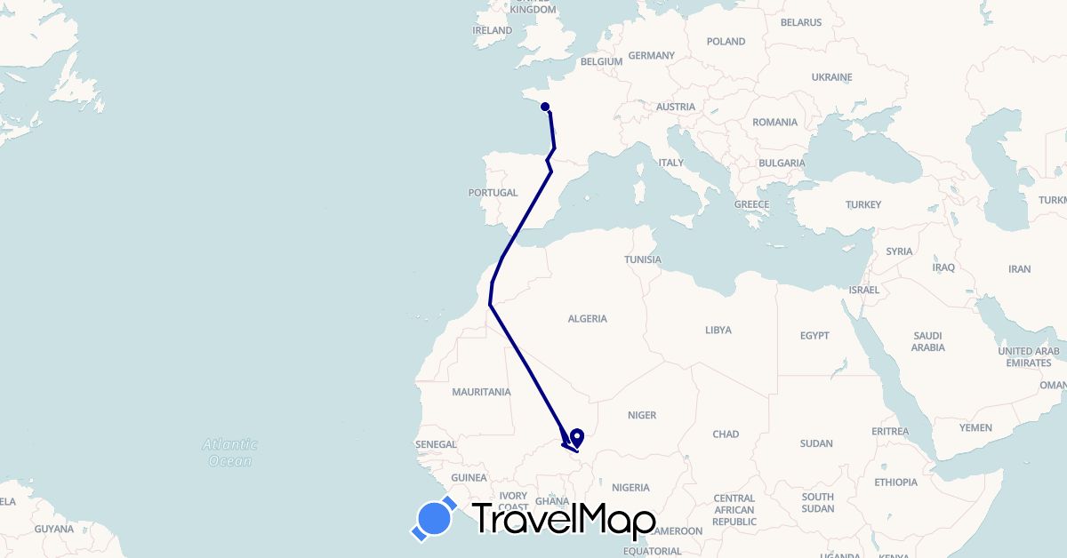 TravelMap itinerary: driving in Burkina Faso, Spain, France, Gibraltar, Morocco, Mali, Niger (Africa, Europe)